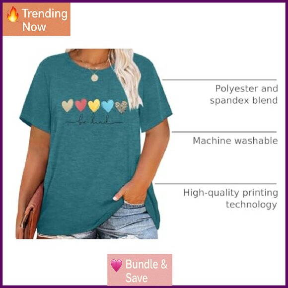 Plus Size Short Sleeve T-Shirt Kindness Flowers Print Pullover Tunic Polyester - Picture 5 of 8